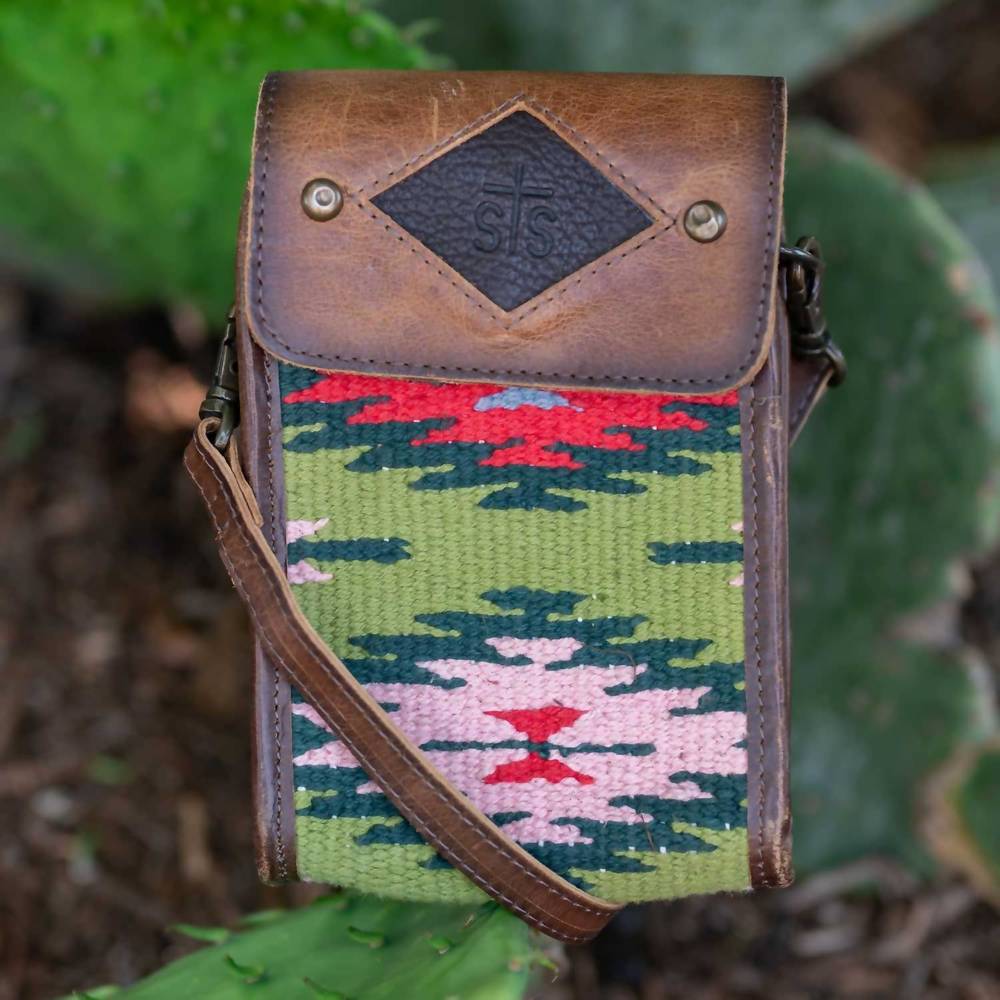 STS Ranchwear Brown Leather & Green Aztec Woven Crossbody Wristlet